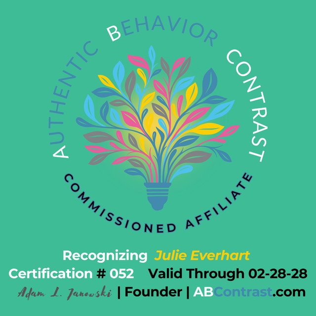 ABContrast Commissioned Affiliate badge – recognizing Julie Everhart, certification #052, valid through 02-28-28